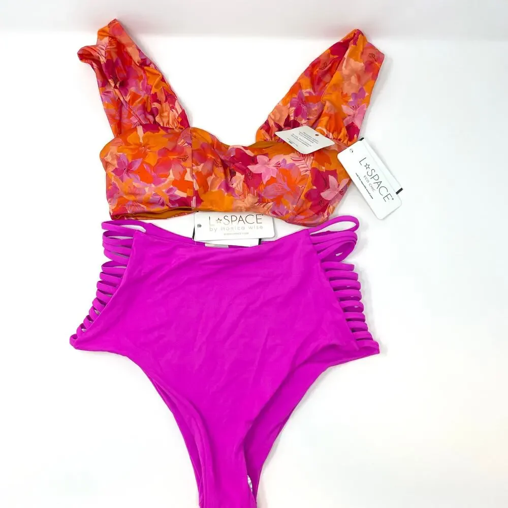 L*SPACE Floral Gizelle Harrington Bikini Set Into The Tropics Bright Fuchsia New